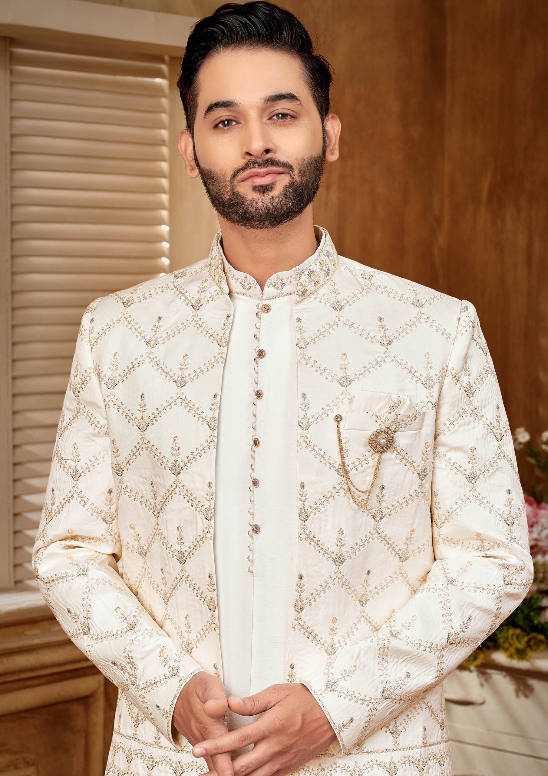Elegant Indo-Western Men's Kurta Set with Gold Embroidery